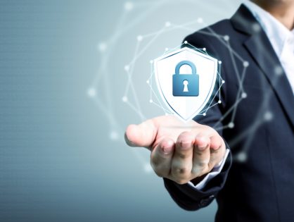 Protection network security computer and safe your data concept, Businessman holding shield protect icon